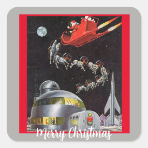 Vintage Christmas Santa and Reindeer In Space Square Sticker