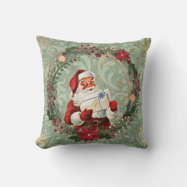 Vintage Christmas Santa and Wreath Cushion (Front)