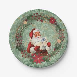 Vintage Christmas Santa and Wreath Paper Plate