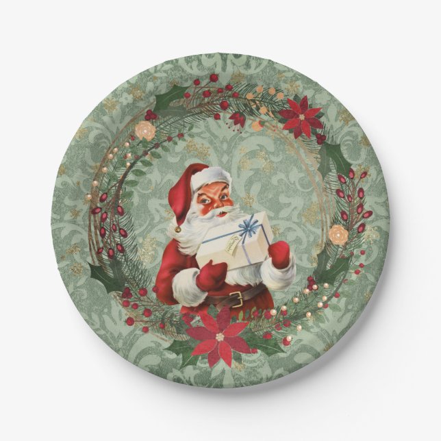Vintage Christmas Santa and Wreath Paper Plate (Front)