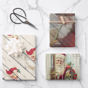 Vintage Christmas Santa Art on Wooden Pattern Wrapping Paper Sheet