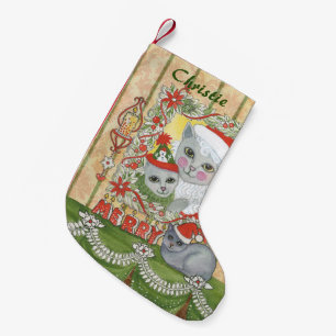 Vintage Christmas Santa Cat with Kitten Small Christmas Stocking