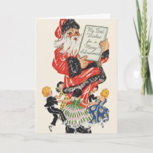Vintage Christmas Santa Claus and Children Dance Holiday Card