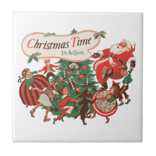 Vintage Christmas Santa Claus and Dancing Children Tile