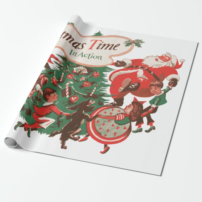 Vintage Christmas Santa Claus and Dancing Children Wrapping Paper (Unrolled)