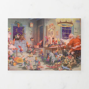 Vintage Christmas Santa Claus and Elves Tri-Fold Holiday Card