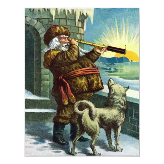 Vintage Christmas Santa Claus and Husky Invitation
