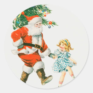 Vintage Christmas Santa Claus and Little Girl Classic Round Sticker