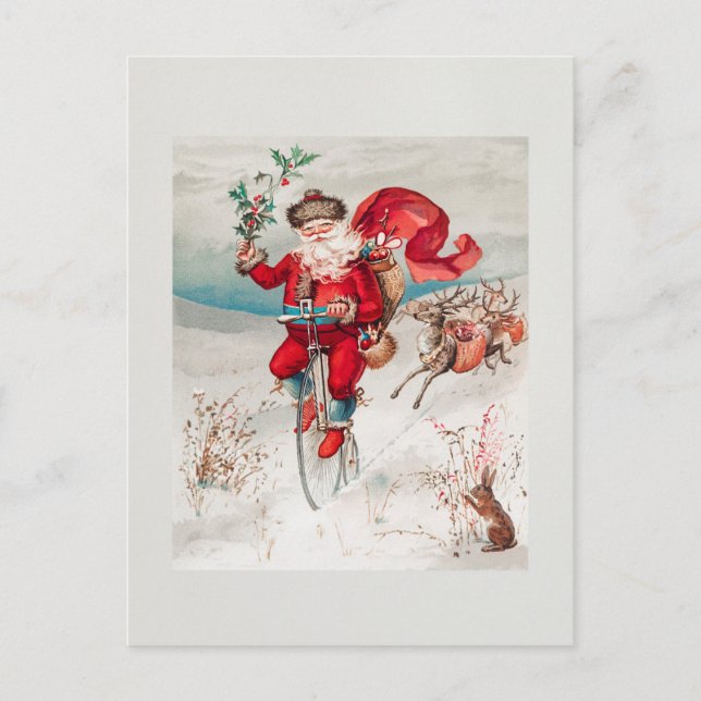Vintage Christmas Santa Claus Bicycle Reindeer Postcard (Front)