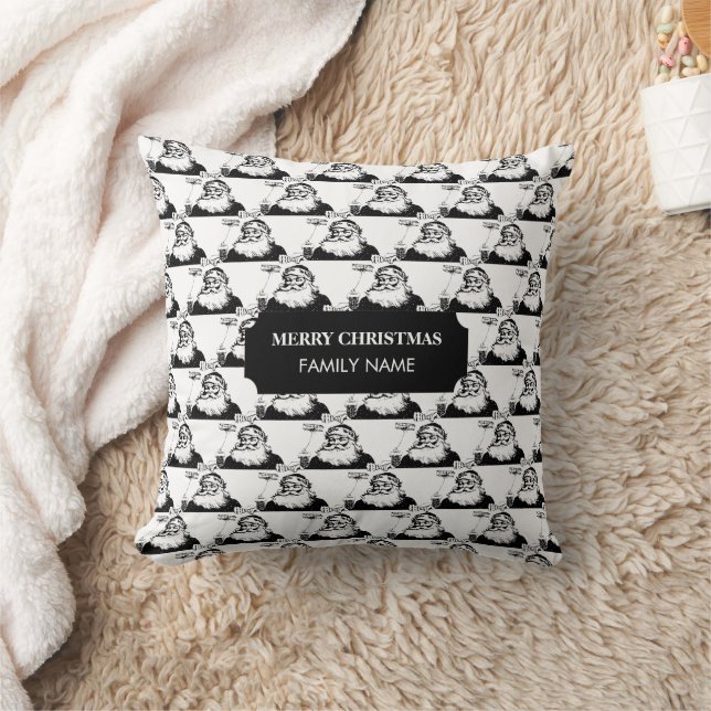 Vintage Christmas Santa Claus Black White Name Cushion (Blanket)