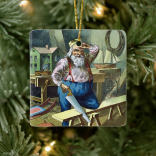 Vintage Christmas, Santa Claus Building Toys Saw Ceramic Ornament
