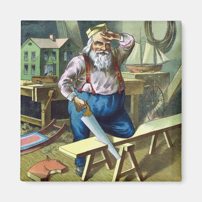 Vintage Christmas, Santa Claus Building Toys Saw Magnet (Front)