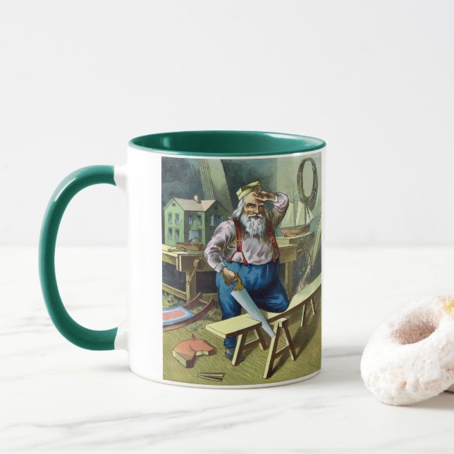 Vintage Christmas, Santa Claus Building Toys Saw Mug (With Donut)