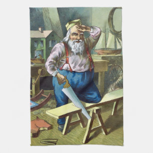 Vintage Christmas, Santa Claus Building Toys Saw Tea Towel