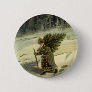 Vintage Christmas, Santa Claus Carrying a Tree 6 Cm Round Badge
