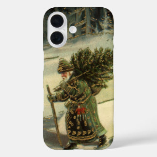 Vintage Christmas, Santa Claus Carrying a Tree iPhone 16 Case