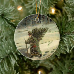 Vintage Christmas, Santa Claus Carrying a Tree Ceramic Tree Decoration