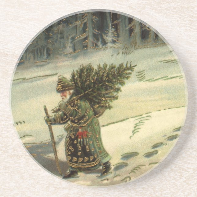 Vintage Christmas, Santa Claus Carrying a Tree Coaster (Front)