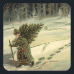 Vintage Christmas, Santa Claus Carrying a Tree Square Sticker<br><div class="desc">Vintage illustration antique Victorian Merry Christmas holiday design featuring an old man resembling jolly old Saint Nicholas. He is carrying a pine tree through the forest during winter leaving only footprints behind in the snow.</div>