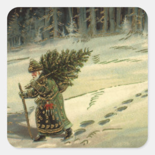 Vintage Christmas, Santa Claus Carrying a Tree Square Sticker