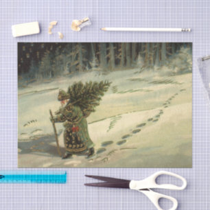 Vintage Christmas, Santa Claus Carrying a Tree Tissue Paper