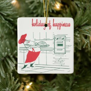 Vintage Christmas, Santa Claus Chef and Turkey Ceramic Ornament