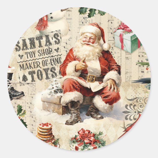 Vintage Christmas Santa Claus Classic Round Sticker (Front)