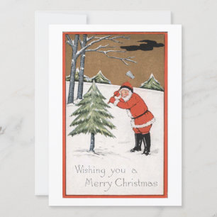 Vintage Christmas Santa Claus Cutting Tree Holiday Card