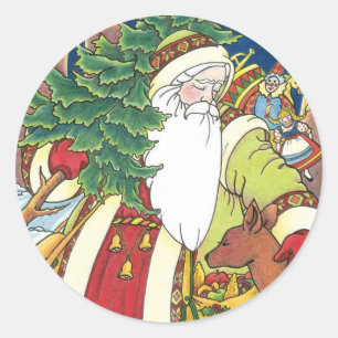 Vintage Christmas, Santa Claus Deer in Forest Classic Round Sticker