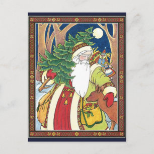 Vintage Christmas, Santa Claus Deer in Forest Holiday Postcard