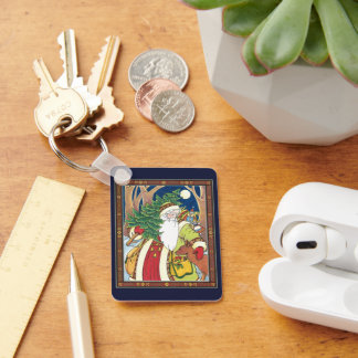 Vintage Christmas, Santa Claus Deer in Forest Key Ring