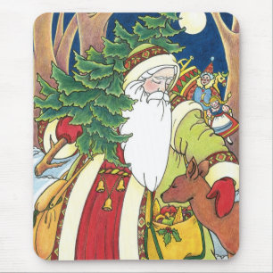 Vintage Christmas, Santa Claus Deer in Forest Mouse Mat