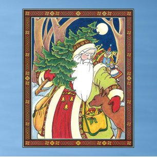 Vintage Christmas, Santa Claus Deer in Forest Poster