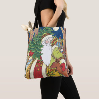 Vintage Christmas, Santa Claus Deer in Forest Tote Bag
