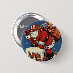 Vintage Christmas, Santa Claus Down Chimney w Toys 6 Cm Round Badge