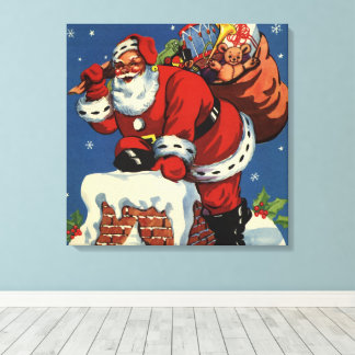 Vintage Christmas, Santa Claus Down Chimney w Toys Canvas Print