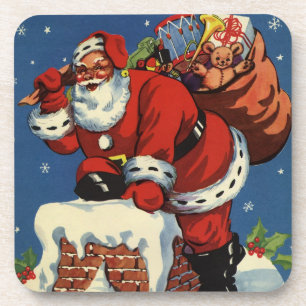 Vintage Christmas, Santa Claus Down Chimney w Toys Coaster