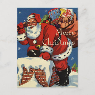 Vintage Christmas, Santa Claus Down Chimney w Toys Holiday Postcard