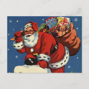 Vintage Christmas, Santa Claus Down Chimney w Toys Holiday Postcard