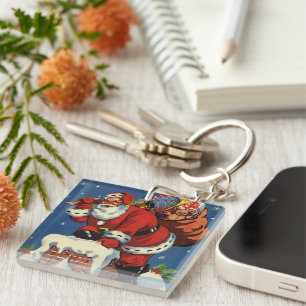 Vintage Christmas, Santa Claus Down Chimney w Toys Key Ring