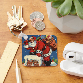 Vintage Christmas, Santa Claus Down Chimney w Toys Key Ring