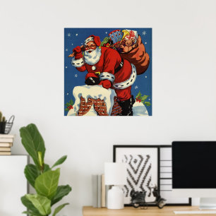 Vintage Christmas, Santa Claus Down Chimney w Toys Poster