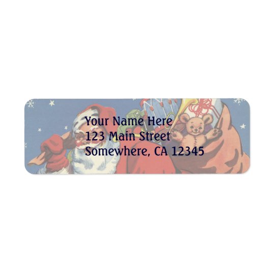 Vintage Christmas, Santa Claus Down Chimney w Toys Return Address Label