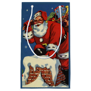 Vintage Christmas, Santa Claus Down Chimney w Toys Small Gift Bag