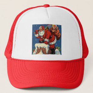 Vintage Christmas, Santa Claus Down Chimney w Toys Trucker Hat