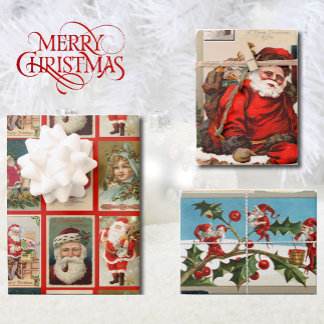 Vintage Christmas Santa Claus Elves Victorian Gift Wrapping Paper Sheet