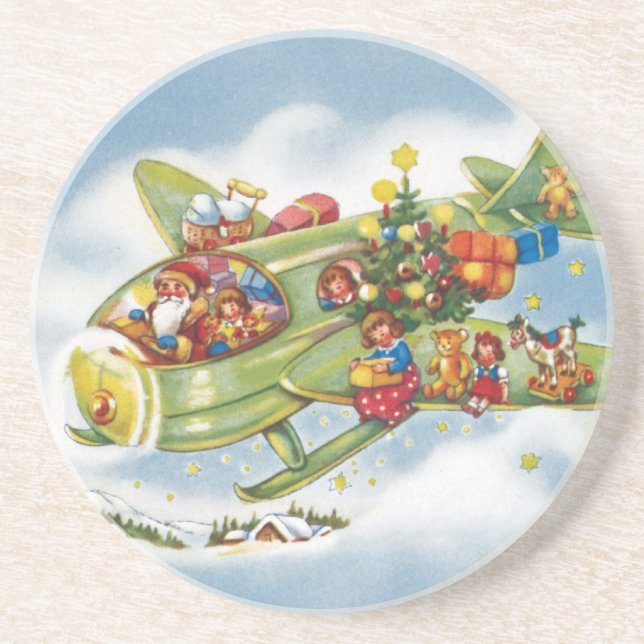 Vintage Christmas, Santa Claus Flying an Aeroplane Coaster (Front)