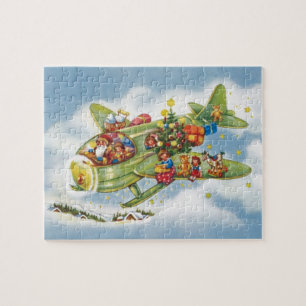 Vintage Christmas, Santa Claus Flying an Aeroplane Jigsaw Puzzle