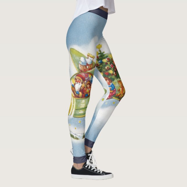 Vintage Christmas, Santa Claus Flying an Aeroplane Leggings (Right)
