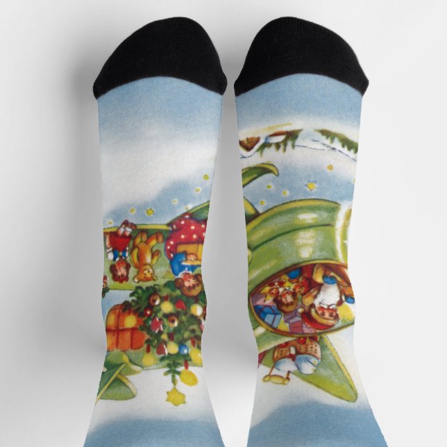 Vintage Christmas, Santa Claus Flying an Aeroplane Socks (Top)